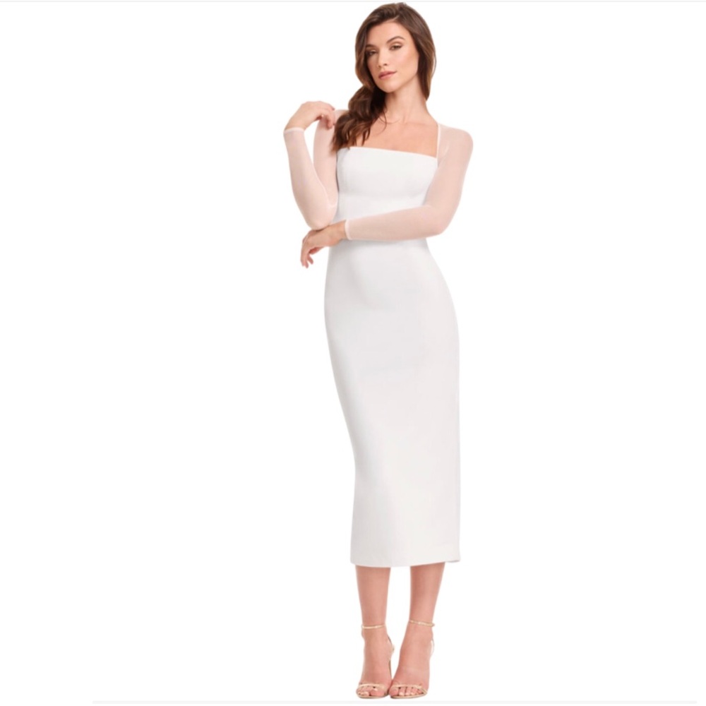 Dress The Population White Crepe Midi Dress Illusion Sleeves Square Neck Small